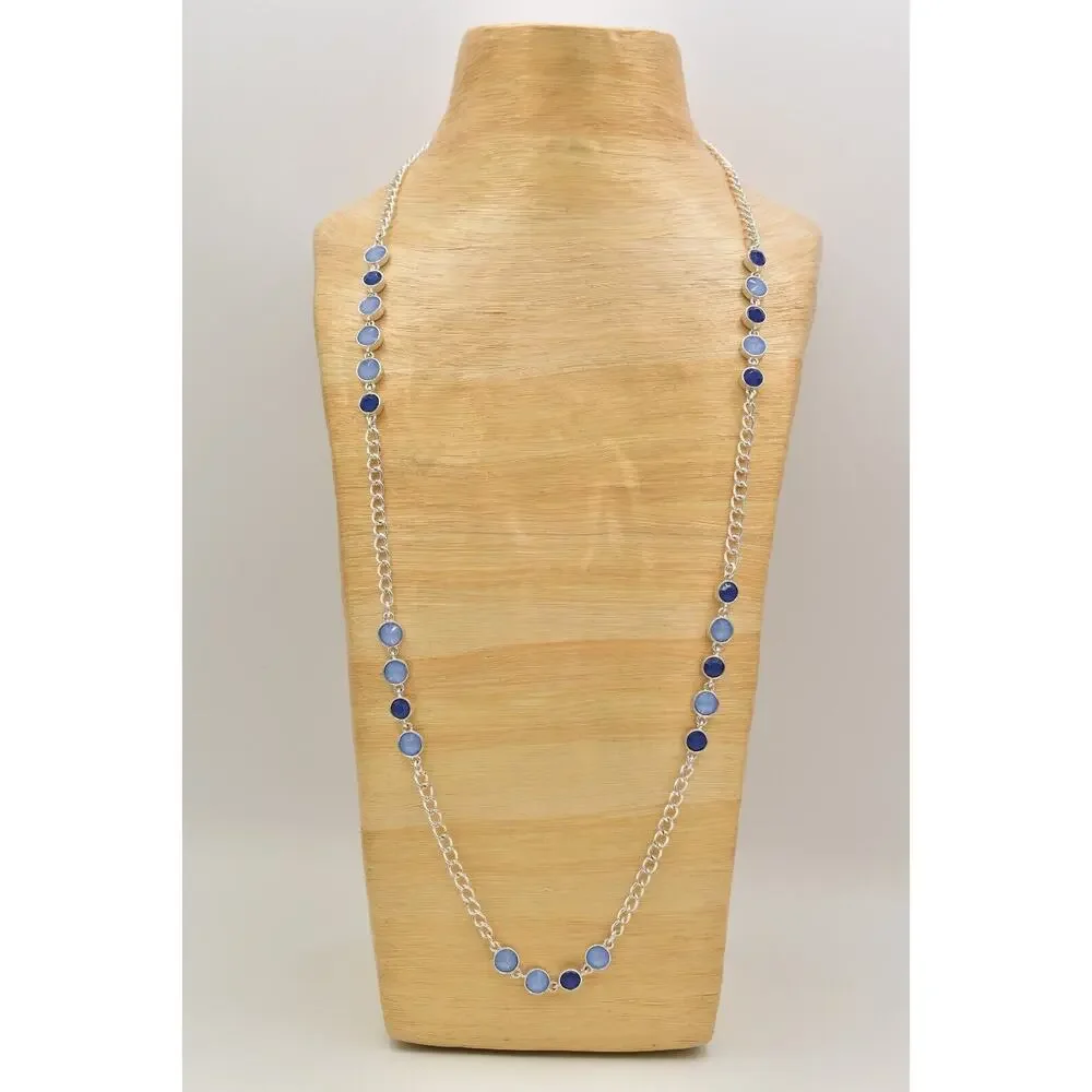 Vintage Station Chain Necklace Sky Blue Crystal Silver Tone Long Y2K BinBJ